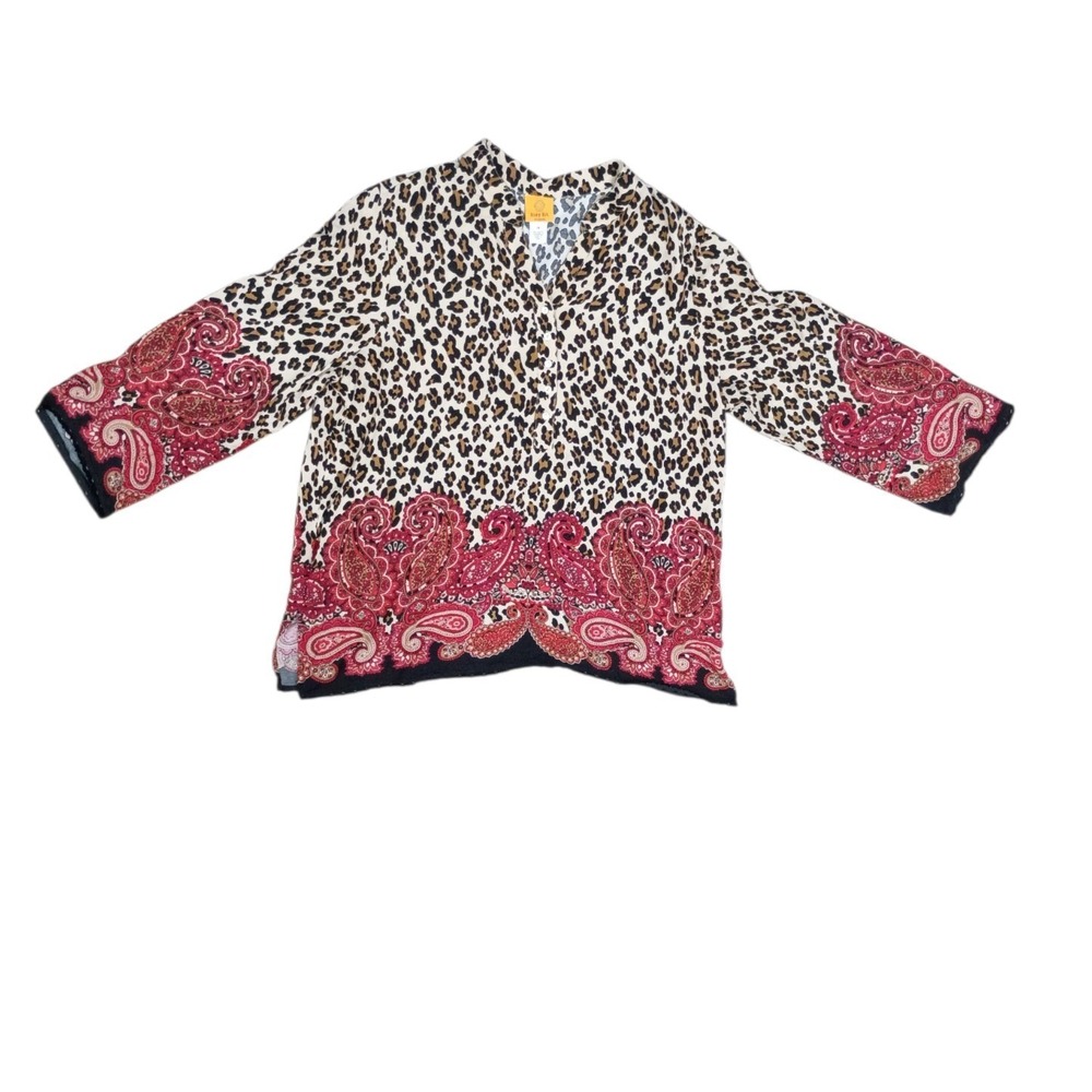 Ruby Rd. 1X Plus Animal Paisley Print V-Neck 3/4 Sleeve Blouse Multicolor